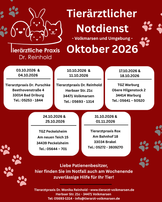 Tierärztlicher Notdienst Oktober 2026